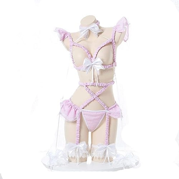 JasmyGirls Sexy Cosplay Lingerie Set Kawaii Anime Lolita Underwear Roleplay Outfit Plaid Bra Pantie Choker Garter Belt