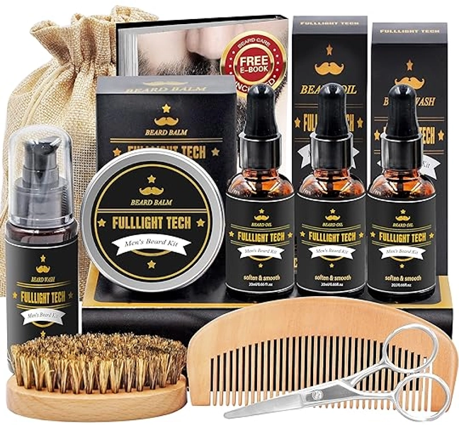 Beard Kit for Men Grooming & Care W/Beard Wash Shampoo,3 Pack Beard Oil,Beard Shaper,Beard Brush,Balm,Comb,Scissors,Beard Grooming Kit for Men Gift