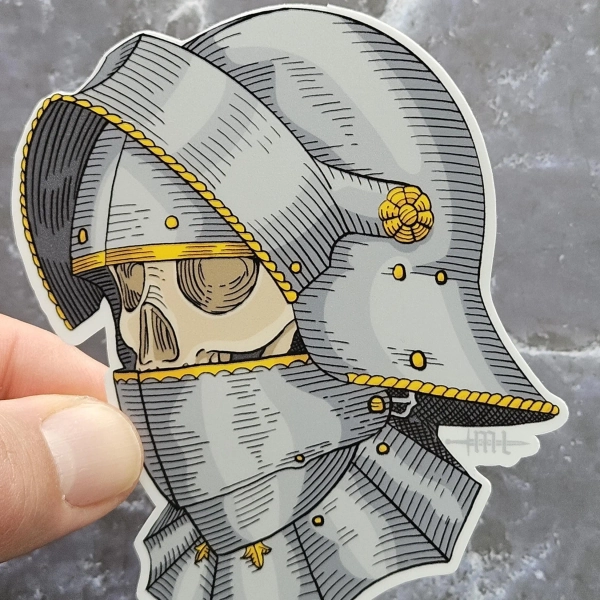 Gothic Sallet Skull Helm Sticker, Gothic Armor Vinyl Sticker, Woodcut Decal, Medieval Sticker, Gift sticker for gothic armor enthusiasts