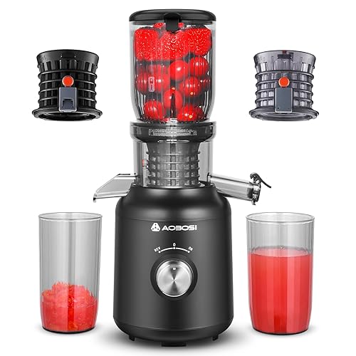 Slow Juicer-AOBOSI 250W Entsafter-Entsafter gemüse und obst testsieger mit 103 MM Einfüllschacht und 2 metallfreien Filtern-1.2L Saftpresse elektrisch mit 2 Patenten,Schwarz - 103 MM - Schwarz