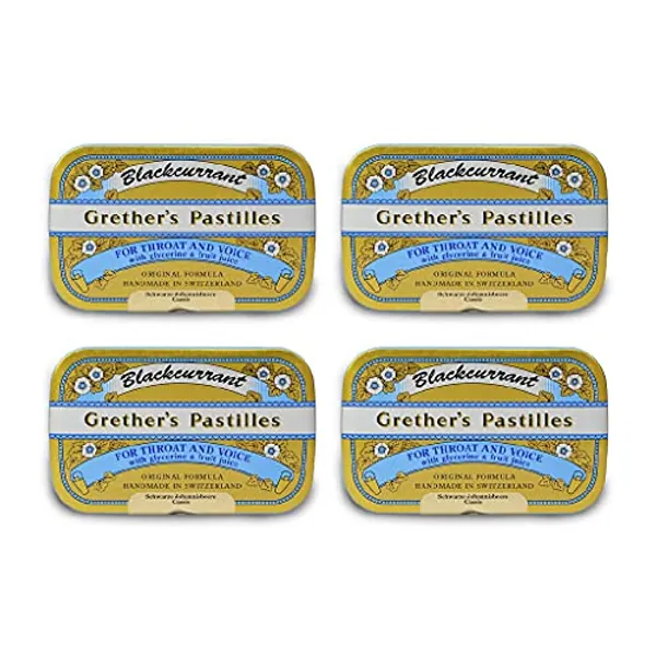 GRETHER'S Pastilles Original Blackcurrant Natural Remedy Dry Mouth Relief - Soothing Throat & Healthy Voice - Long-Lasting Flavor, Gift for Singers - Gluten-Free - 4-Pack, 3.75 oz Per Box - 3.75 Ounce (Pack of 4) - Blackcurrant