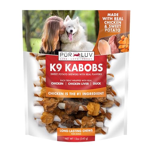 Pur Luv Dog Treats, K9 Kabobs for Dogs Made with Real Chicken, Duck, and Sweet Potato, 12 Ounces, Healthy, Easily Digestible, Long-Lasting, High Protein Dog Treat, Satisfies Dog's Urge to Chew - Chicken / Duck / Sweet Potato Kabob