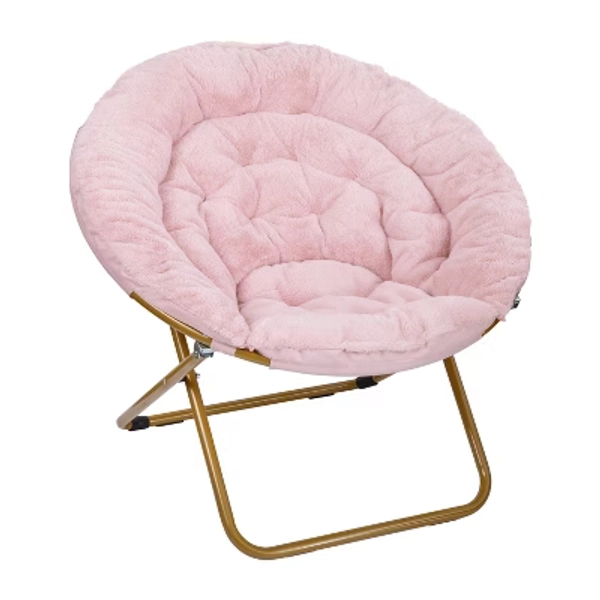 Emma and Oliver Ersa 38" Oversize Portable Faux Fur Folding Saucer Moon Chair for Dorm and Bedroom, Blush Faux Fur/Soft Gold Frame