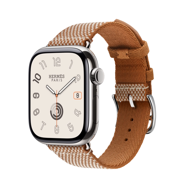 Apple Watch Hermès Series 10 GPS + Cellular, 42mm Silver Titanium Case with Gold/Écru Toile H Single Tour