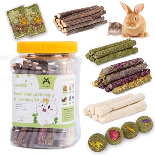 JONS NTY 50-60 PCS Natural Rabbit Chew Toys, Bunny Toys with Timothy Grass Apple Sticks, for Guinea Pig, Hamster, Chinchilla, Rat, Teething Toy for Small Animals - 50-60 PCS / 400g / Chew Toy Set #1