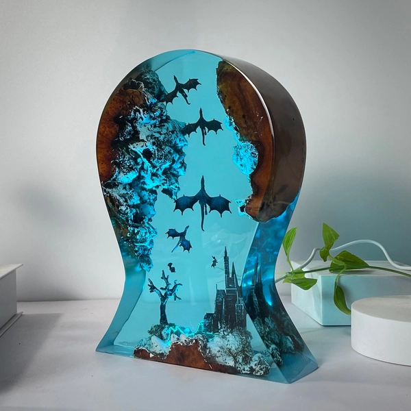 Fire Dragon and Ice Dragon Resin Night Light, Headphone Stand, Resin Wood lamp, dragon castle, Dragon light