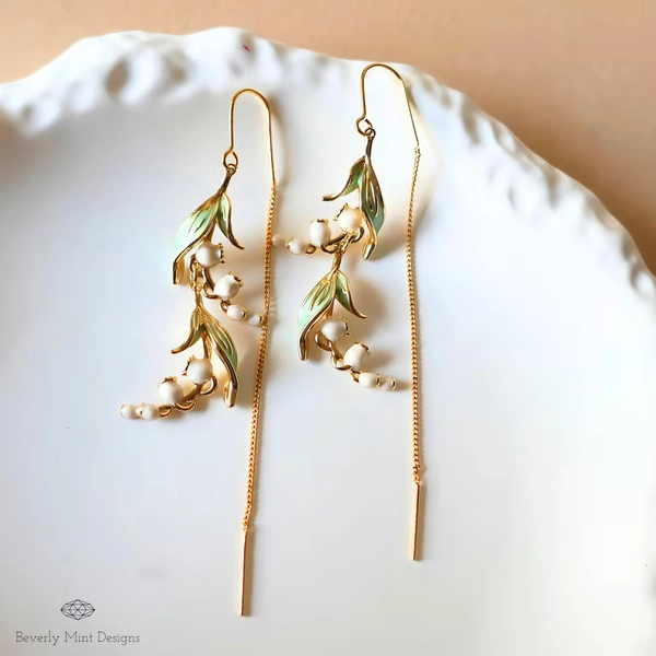 Floral Dangle Earrings, Gold Lily of the Valley Threader Earrings, Birth Flower for May, Nature-inspired Jewelry, Botanical Long Earrings - Etsy