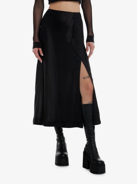 Social Collision Black Satin Slit Midi Skirt | Hot Topic