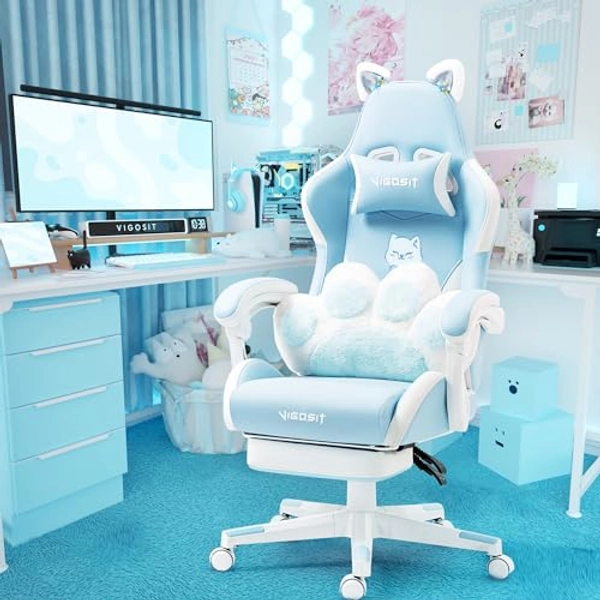 Vigosit Cute Kawaii Gaming Chair with Cat Paw Lumbar Cushion & Cat Ears, PC Game Reclining Chair for Girl, Teen, Kids, Blue