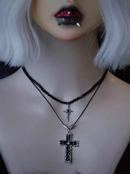 [$8.99]Gothic Black Cross Pendant Necklace Set