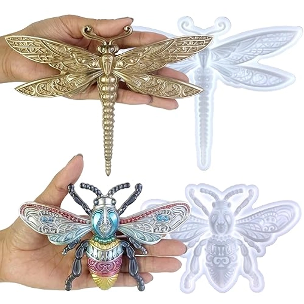 Voaesdk 2Pcs 3D Animal Silicone Molds, Cute Dragonfly Resin Molds and Bee Silicone Epoxy Molds for Resin Casting, DIY Craft, Home Office Cabinets Wall Desktop Decor