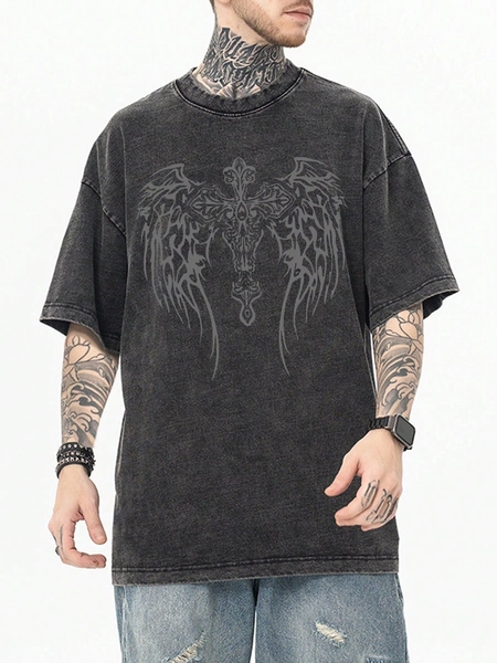 Men's Summer Wings Printed Round Neck Drop Shoulder Sleeves Casual Distressed Washed T-Shirt