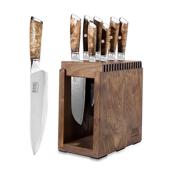 Kitchen Knives Sets Professional,in Home&Kitchen 8-Piece Knife Set with Block Professional, White Shadow Wooden Handle, Damascus Knife Set Japanese High-end VG10 Hardness 62 HRC,Chef Knife Set
