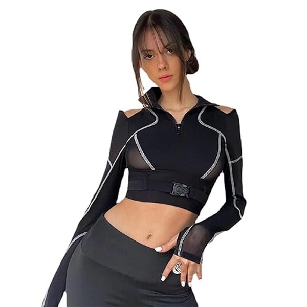 Women Goth Polo Shirts Asymmetrical Y2K Crop Tops Punk Black Clothes