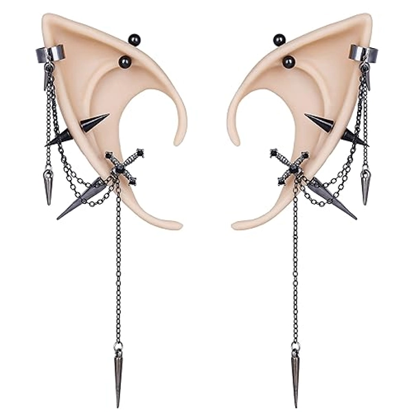 FRESHME 2 Pairs of Fairy Elf Ears with Sliver Piercings - Gothic Elf Ear Cuffs Skull Rose Cross Studs Sterling Earrings