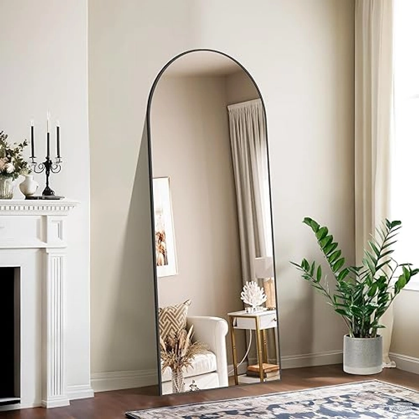 NIMURY Miroir sur Pied 165 x 60 cm, Grand Miroir Mural en Pleine Longueur avec Cadre en Aluminium Noir, Miroir Arqué pour Salle de Bain, Chambre, Entrée et Couloir