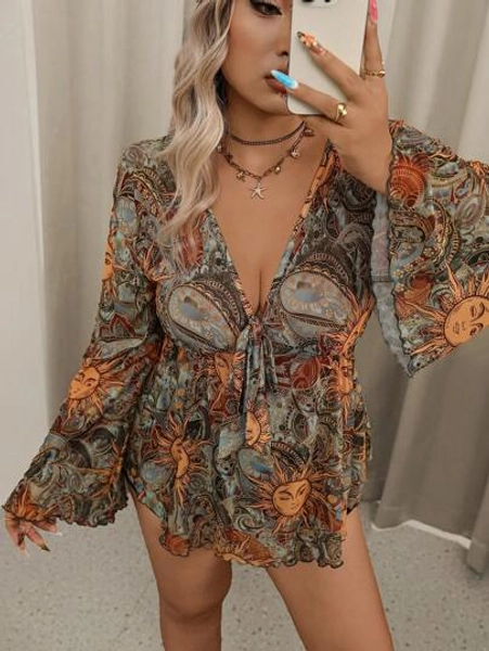SHEIN VCAY Summer Boho Style Music Festival Vacation Knit Mesh Retro Vintage Clothes Women's Sun Face Print Flare Sleeve Ruffled V-Neck Fitted Tops For Women Boho Shirt Boho Blouse Boho Tops Boho Clothes Women Sun Print Top