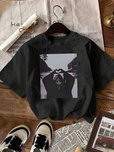 EMERY ROSE Retro 90s Halloween Ghost Face Heart Hand Short Sleeve T-Shirt, Horror Movie T-Shirt, Funny Ghost Face T-Shirt, Large Size Solid Color Round Neck Short Sleeve Simple T-Shirt, Casual Daily Wear, Halloween T-Shirt, Women's Clothing