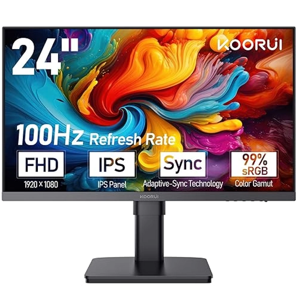 KOORUI 24N6 24 inch Computer Monitor, Full HD 1920 x 1080, Frameless, 100Hz IPS, Tilt Pivot Height Adjustable, HDMI, VGA Port, VESA Mountable, Black