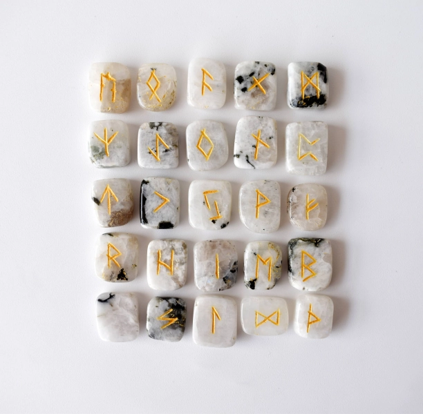 Rainbow Moonstone Rune Sets Elder Futhark Rune Set comes with black Velvet Pouch to Carry and Rune Card,Moonstones Runes,Rune Stone,Rune Set