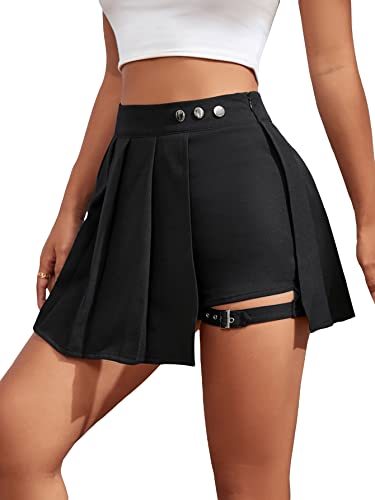 GORGLITTER Women's Buckle Asymmetrical Hem Pleated A Line Mini Skirt High Waist Summer Sexy Skater Skirts - M - Black