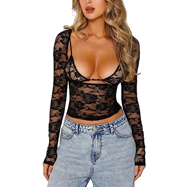 Geagodelia Womens Y2K Mesh Cut Out Top Long Sleeve Lace See Through Sexy V Neck Floral Sheer Crop Top Tee Shirt Going Out Tops