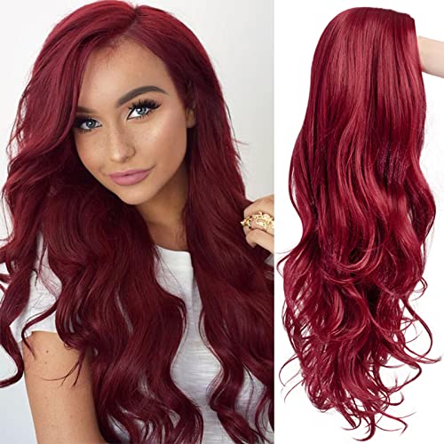 Baruisi Wine Red Wigs for Women Long Curly Wavy Side Part Natural Looking Synthetic Cosplay Hair Wig - wine red