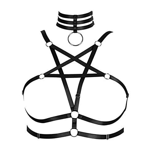 BBOHSS Women's Body Harness Pentagram Fashion Bra Lingerie cage Belt Plus Size Elastic Punk Gothic Carnival Halloween Dance Costume - 40 - Black