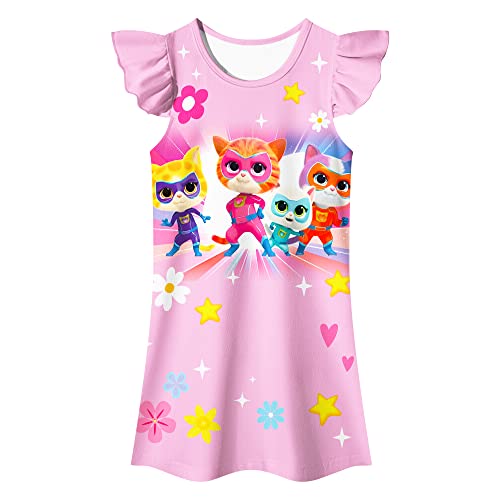 Little Girls Kitties Dress Cute Cat Pattern Flutter Sleeve Soft Casual Clothes Dresses 3-7 Years - Pink - 5-6 Years