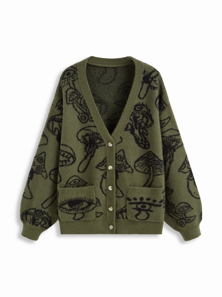 Knit V-neck Mushroom Graphic Cardigan
