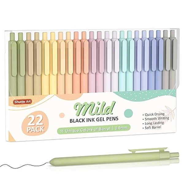 Shuttle Art Retractable Mild Gel Ink Pens, 22 Pack Black Ink Pens, Cute Pens 0.5mm Fine Point Soft Barrel for Writing Journaling Taking Notes School Office Home