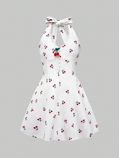 ROMWE Kawaii Vestido mini con estampado de flores de cerezo, cuello halter y adorno de encaje para mujeres