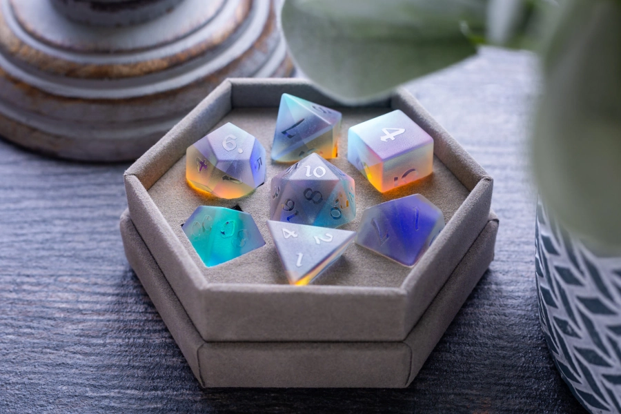 Gemstone Raised Dichroic Glass Polyhedral Dice (With Box) DND Dice Set