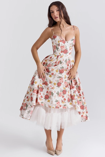 Mademoiselle Italian Rose Print Tulle Midi Dress