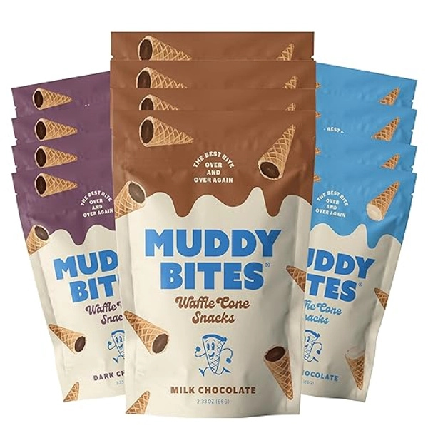 Muddy Bites Waffle Cone Snacks Bite Sized Filled Cone Bites for Snack or Dessert, Milk, Dark & White Chocolate, Made with Cane Sugar, Kosher, Fair Trade Certified (Variety Pack, 12 Bags)