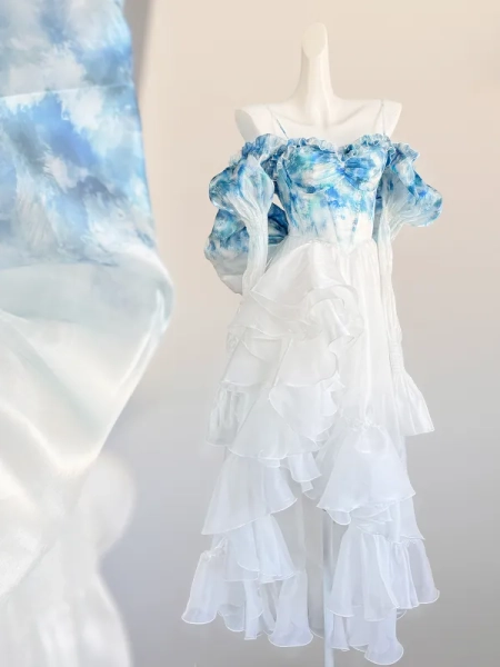 [$79.00]White & Blue Lace-up Detail Asymmetrical Flounce Hem Dress