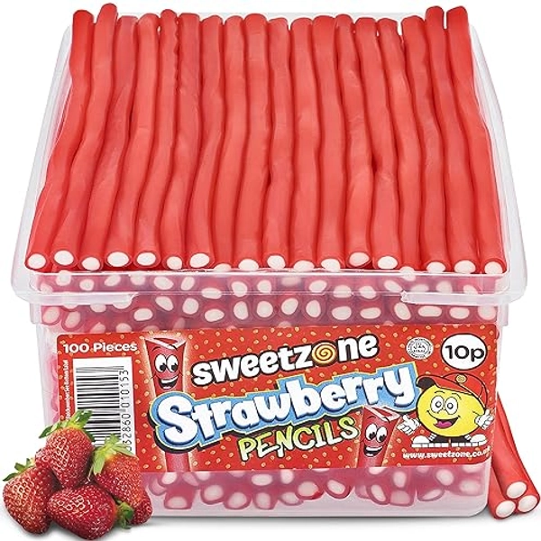 Sweetzone Strawberry Pencils, Retro Sweets Tub, Candy Sticks, 100 pcs, Halal Sweets, Sweets Bulk, Sweet Cart, Gummy Sweets, American Candy, UK British Sweets for Sweet Enthusiasts