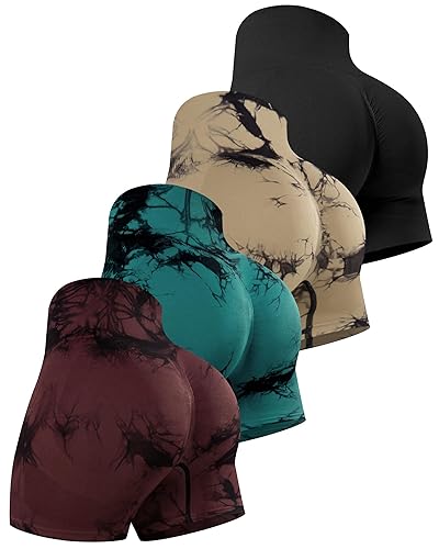 CHRLEISURE Women's 4 Packs Workout Gym Shorts, High Waisted Butt Lifting Scrunch Butt Seamless Booty Shorts - 4 Packs (Black, Tie-dye Khaki/Dark Green/Cassis ) - Small