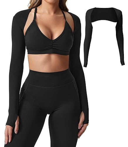 YEOREO Women Crop Top Long Sleeve Bolero Open Front Workout Cropped Shirts Sports Shrug - Black - Small