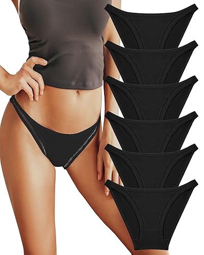 FINETOO 6 Pack String Underwear for Women Cotton High Cut Stretch Breathable Low Rise Hipster Cheeky Bikini Panties S-XL - Small - 6 Pack Black