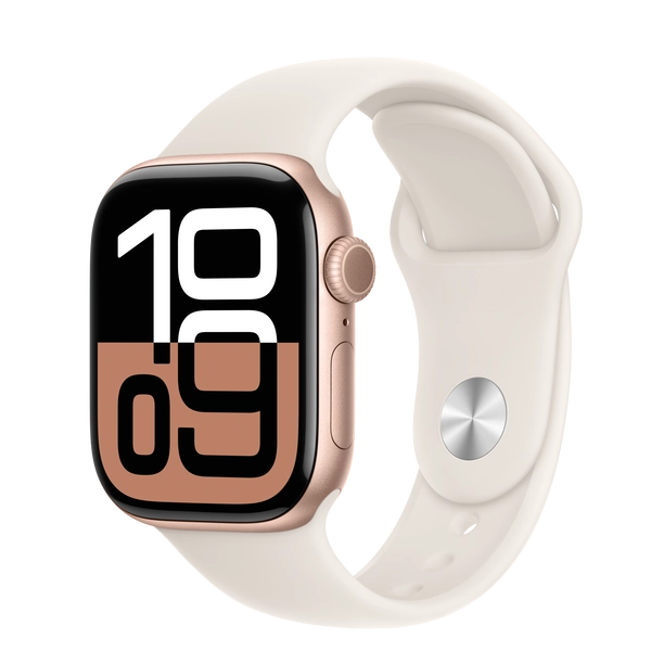 Apple Watch Series 10 GPS + Cellular, 42mm Rose Gold Aluminum Case with Starlight Sport Band - S/M