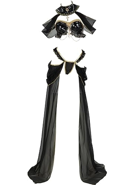 Mobbunny Women Anime Cosplay Sexy Costume Black Top Thong and Chiffon Skirt Egyptian Costume with Sleeves and Chain Halloween