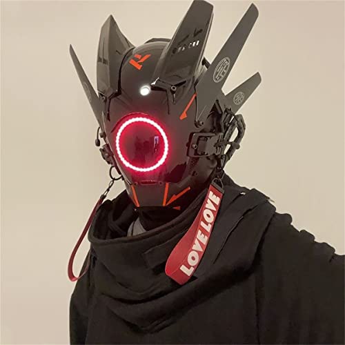 Cyberpunk Mask Halloween Cosplay Costumes, Black Full Face Mask Cool Techwear Futuristic Helmet for Women, Men Punk Mask - Red
