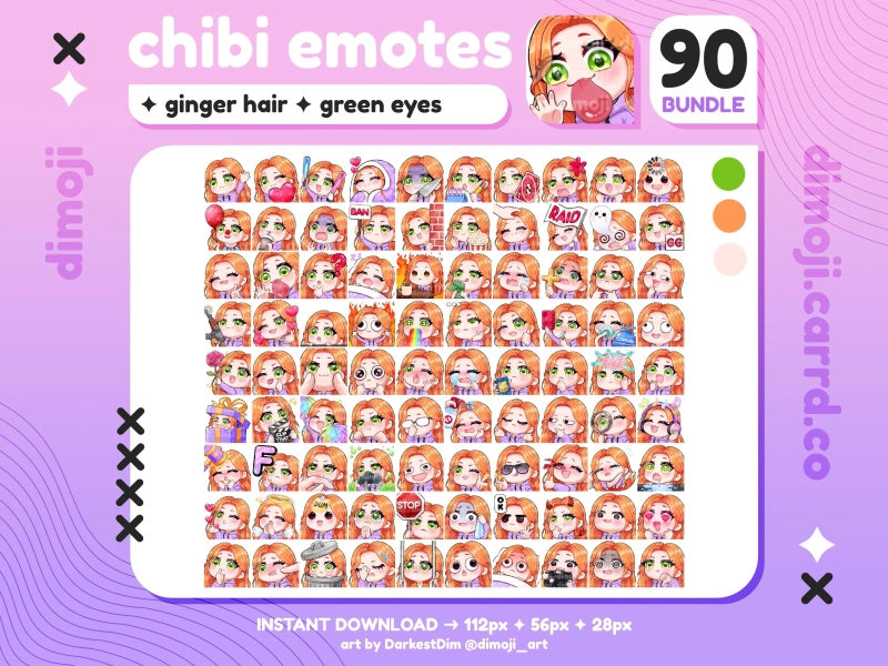x90 Chibi Emotes | MEGA PACK/BUNDLE | Ginger/Red Hair/Green Eyes | Twitch/Discord/YouTube/Streaming | Cute Gamer Girl Emotes