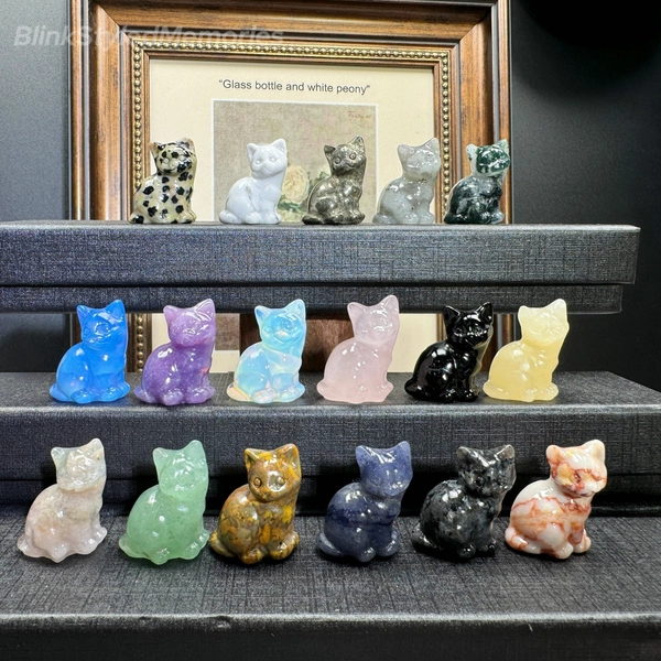 3cm Mini Crystal Cat, Carved Gemstone Cat, Home Decor, Crystal Animal Statue, Gift For Her,  Rose Quartz/Lepidolite/Obsidian Wholesale