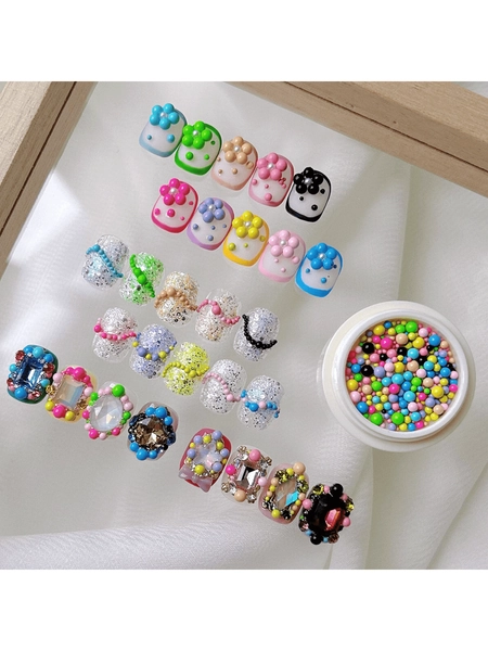 Art Lalic 3D Nail Art Bead Kit - Round Box Set, Multi-Color Odor-Free Mini Caviar Beads And Steel Balls, Nail Art Decoration, Mixed Sizes, Macaron Color Painted Steel Ball Bead Set, Boho Style Nail Decorations, DIY Holiday Nail Bubble Pearls, Multi-Color Nail Jewelry Set