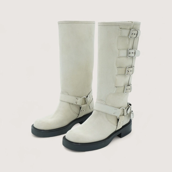 Buckle Strap Motorcycle Shoes Chunky Heel Mid-Calf Boots in White
