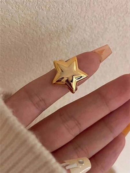 Uworld 1 Piece 18K Gold Plated Stainless Steel Geometric Shape Three-Dimensional Pentagram Open Ring Anti-Allergy Waterproof High Quality Women's Fashion Jewellery Daily Wearing