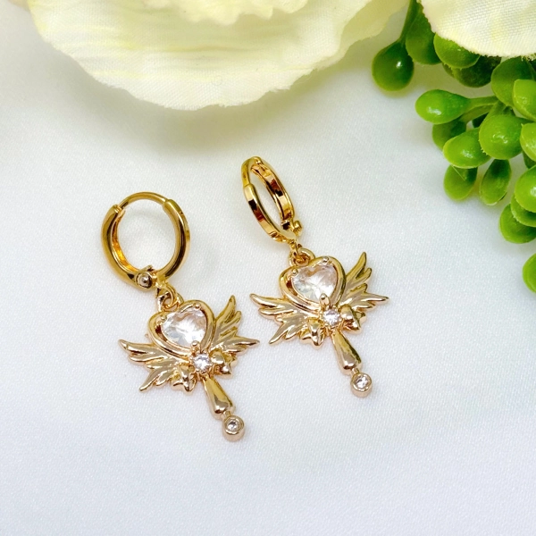 Gold plated angel wings heart wand charm earrings with cubic zirconia cz accents and gold plated mini huggie hoops