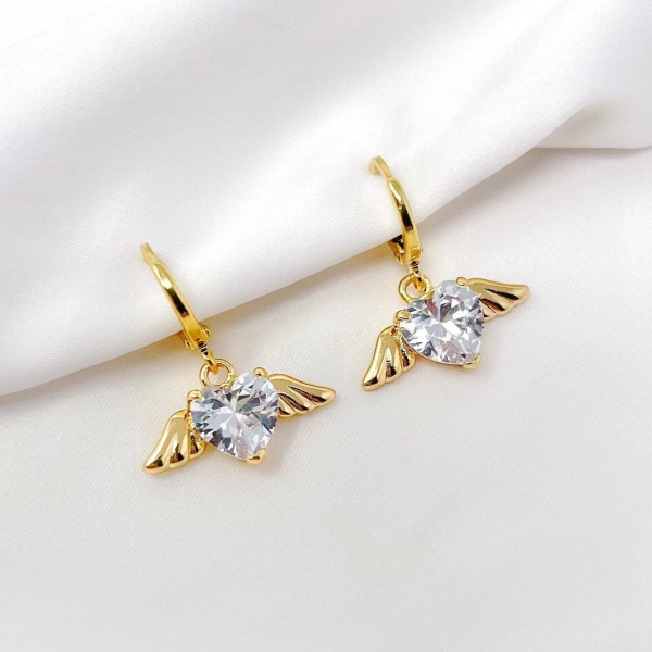 Heart angel wing earrings, gold plated cubic zirconia heart angel wings charm earrings with mini huggie hoops, y2k, trendy, gifts for her